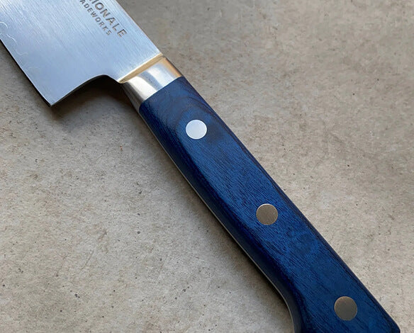 215mm Gyuto. San Mai AUS10 Stainless. Bolstered Blue Pakkawood Handle