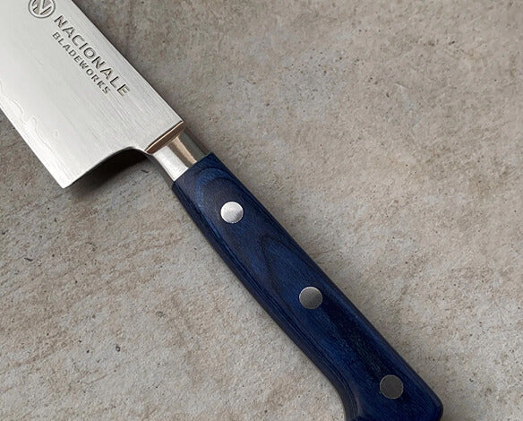 145mm Petty. San Mai AUS10 Stainless. Bolstered Blue Pakkawood Handle
