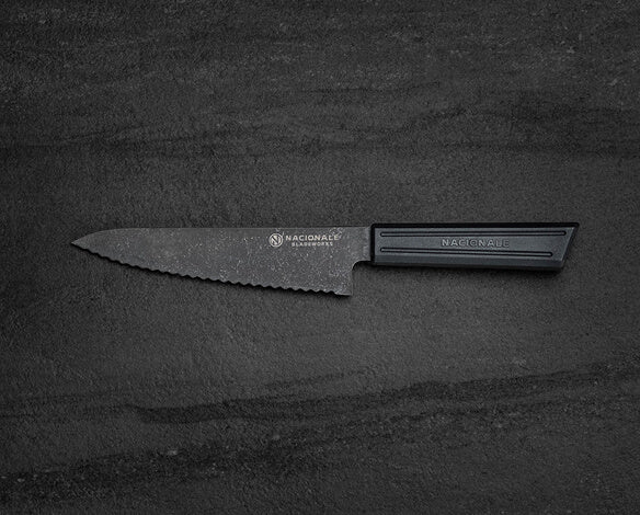 165mm Serrated Petty Knife. Black Stonewashed AUS8. Black Recycled Plastic Skateboard Material Handle