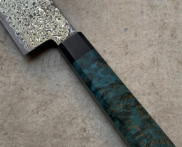 180mm Bunka. Damascus AUS10. Stabilized Maple Handle. G10 Ferrule