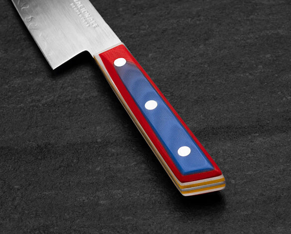 180mm Chefs Knife. Full Tang. Layered G10 Scales (Blue, Red, White, Yellow)