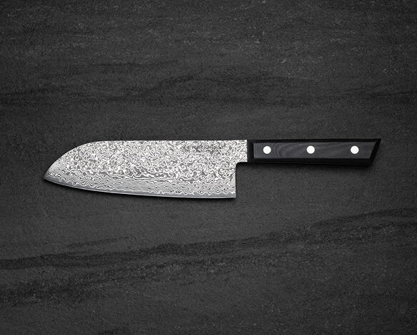 180mm Tall Damascus Santoku. Full Tang. Black G10 Scales