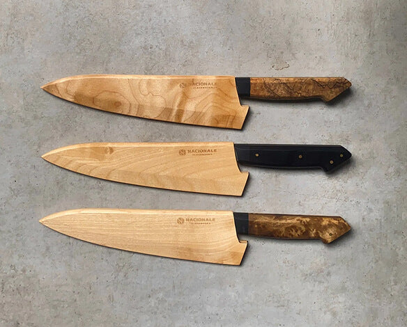215mm Chefs Knife. San Mai AUS10 Stainless. Spalted Maple / Ebony / Maple Burl. Magnetic Maple Saya