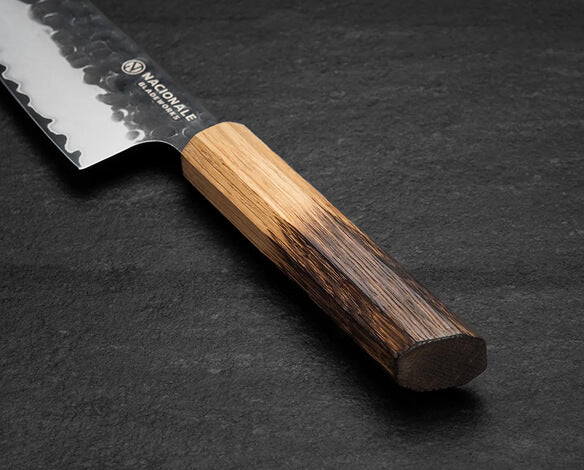 215mm Gyuto. Hammered San Mai 440C Stainless. Burnt Oak Handle